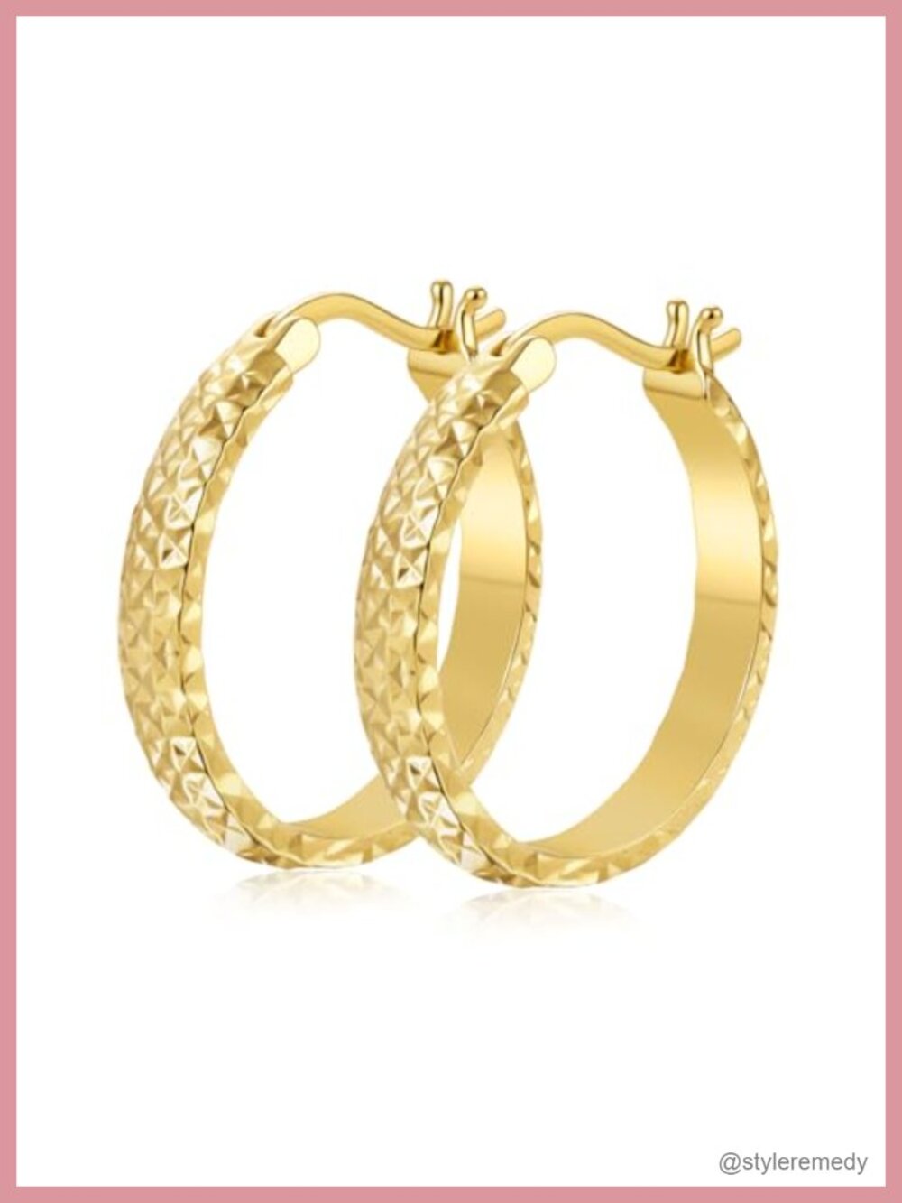 14K Yellow Gold Hoop Earrings Textured Hinged Huggie 25mm